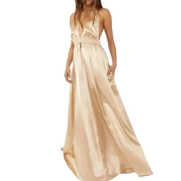 Free People Gold Look Into the Sun Satin Maxi Gown Medium - Picture 2 of 10